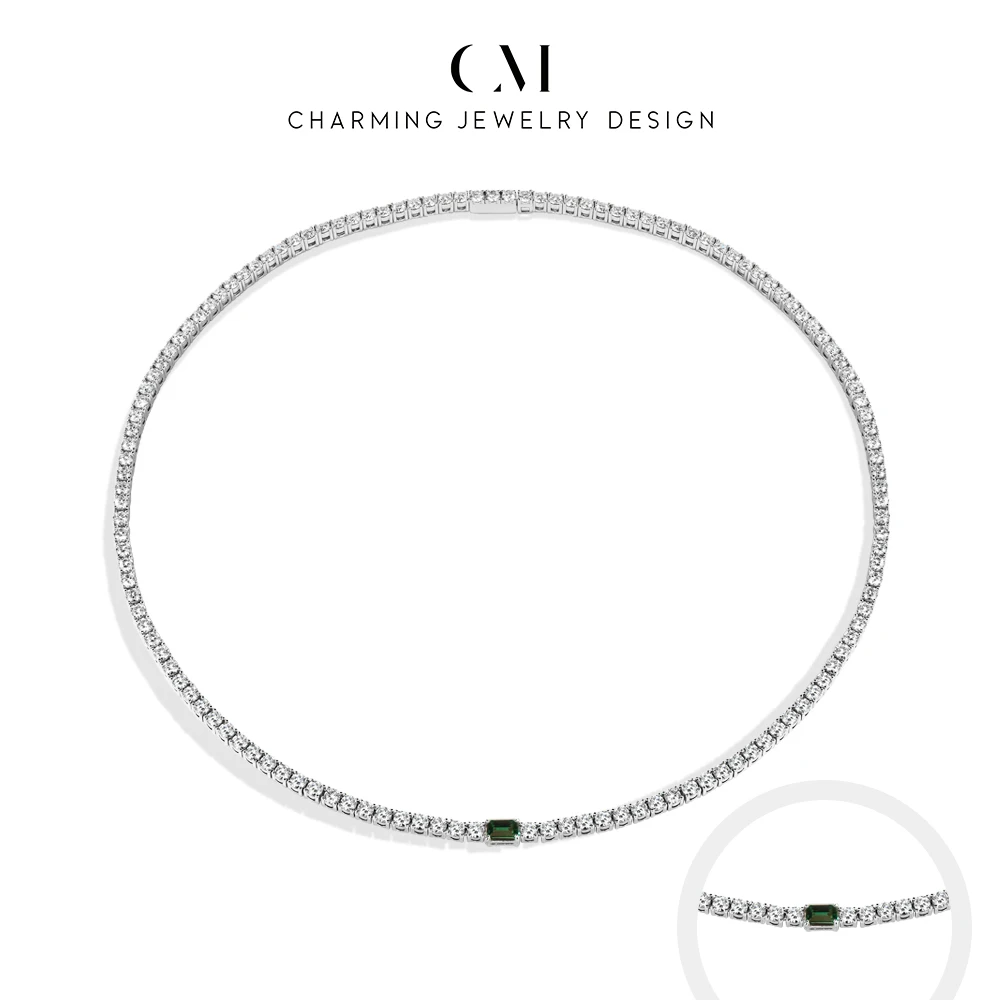 

CHARMING Luxury Shining Moissanite 3MM Tennis Necklace Laboratory emerald for Women Wedding Party holiday gift With certificate