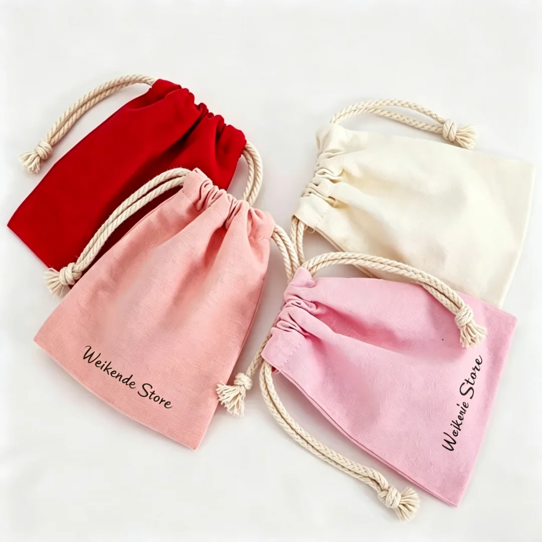 50Pcs Custom Logo Burlap Canvas Drawstring Pouches Hand‑Made Cotton Jewelry Packaging Bags for Rings Earrings and Wedding Favors