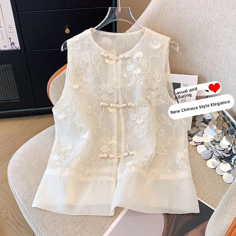 New Chinese Style Women's Spring Summer Large Size Embroidered Button round Neck Vest Retro Jacket Elegant Top Commute Style