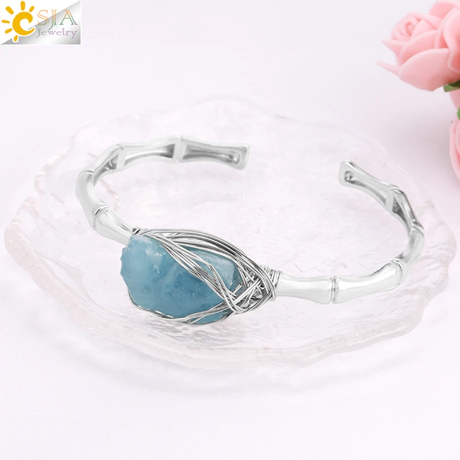 CSJA Natural Stone Cuff Bracelets Women Silver Color Wire Wrapped Irregular Raw Amethysts Aquamarine Crystal Healing Bangle H274