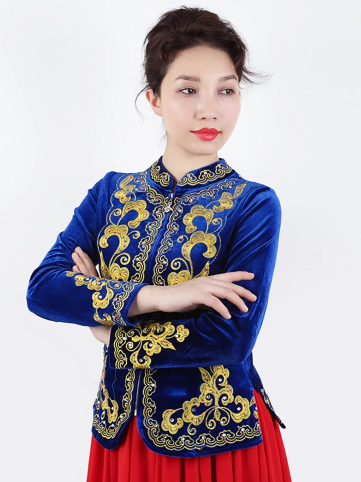 Xinjiang dance performance clothing golden velvet black women's long-sleeved tops embroidered Weiwu tops 1 piece