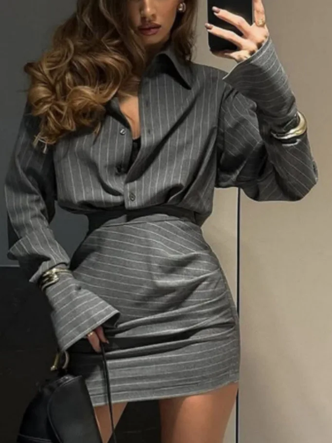 

Sexy Striped Mini Skirt Set Women Lapel Single-breasted Shirts Hip Package Skirts 2025 Spring Summer Slim Fashion Lady Outfits