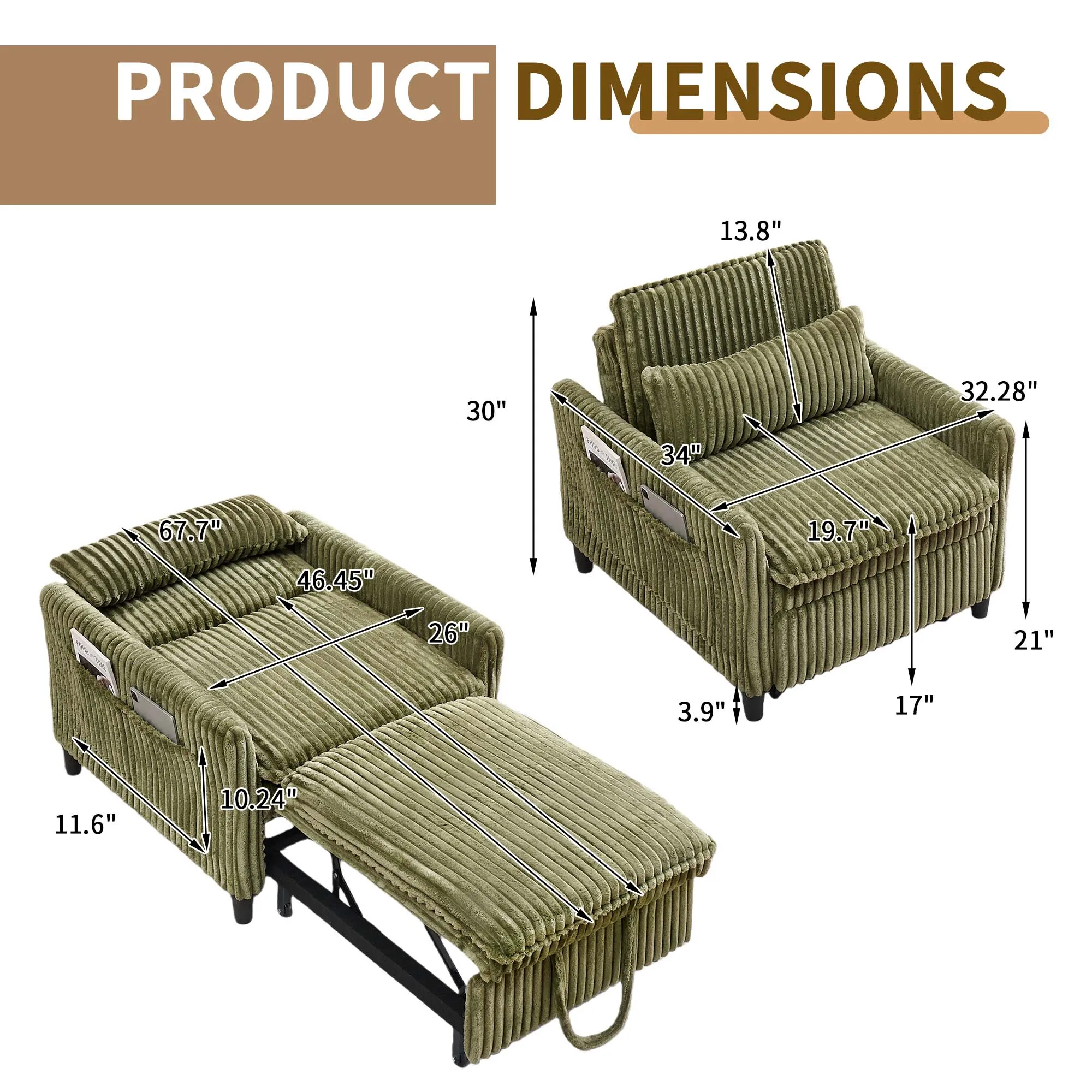 67.7 Inch Comfortable Sofa Chair With Three Conversion Modes Which Can Be Transformed Into a Soft Small Sofa Bed Suitable for Small Spaces It Can Be Used In Bedrooms Balconies