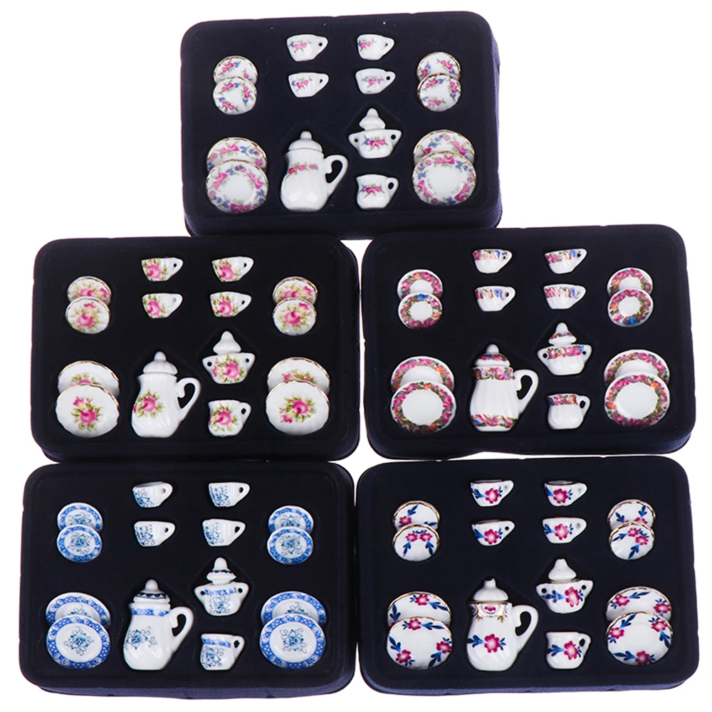 Girls Toys Tea Game Miniature Tea Set Dollhouse Furniture 15Pcs 1:12 Porcelain Cups Flower Tableware Kitchen Decorative Teapots