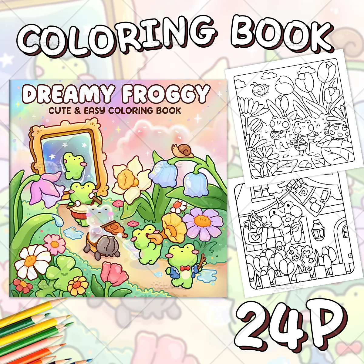 Dreamy Froggy Coloring Book Large Print Cute Fantasy Frog Garden Music Scenes Stress Relief Relaxing Art Drawing Book for Adults