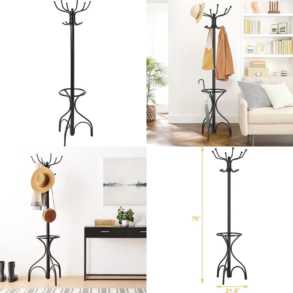 75 inch heavy duty metal coat rack with umbrella holder and 12 hooks for entryway