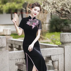 2026 chinese vintage dress velvet qipao traditional flower embroidery cheongsam improved qipao retro banquet evening dress qipao