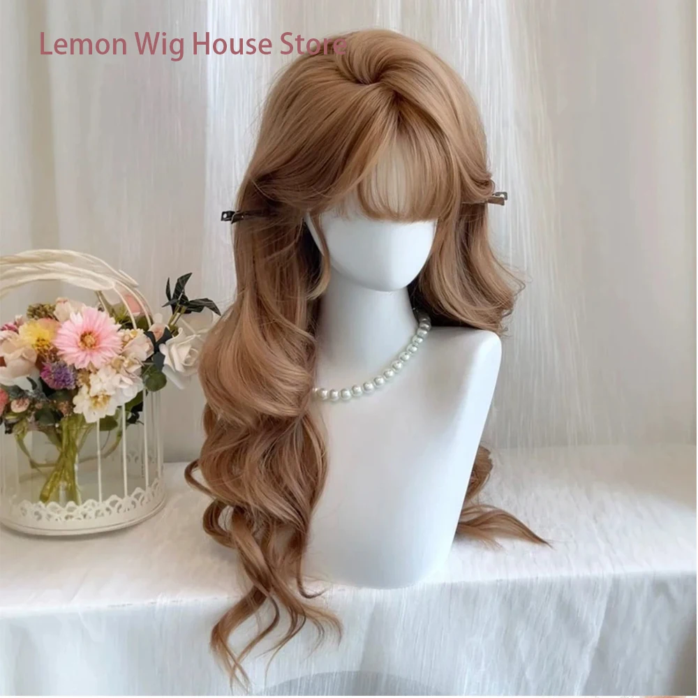 Light Brown Synthetic Wig with Bangs Long Wavy Natural Wig Lolita Wigs for Women Daily Cosplay Halloween Harajuku Wig 가발