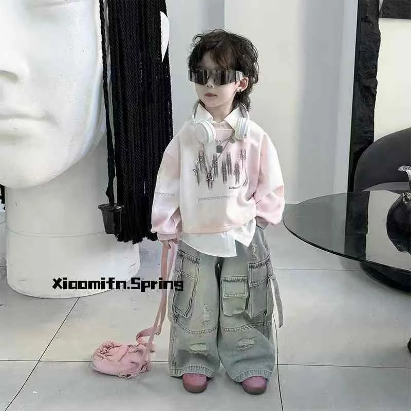 

Boys' Fake Two-piece Sweater + Jeans Two-piece Set 2025 Spring and Autumn Children's Casual Ruffian Handsome Set Tide