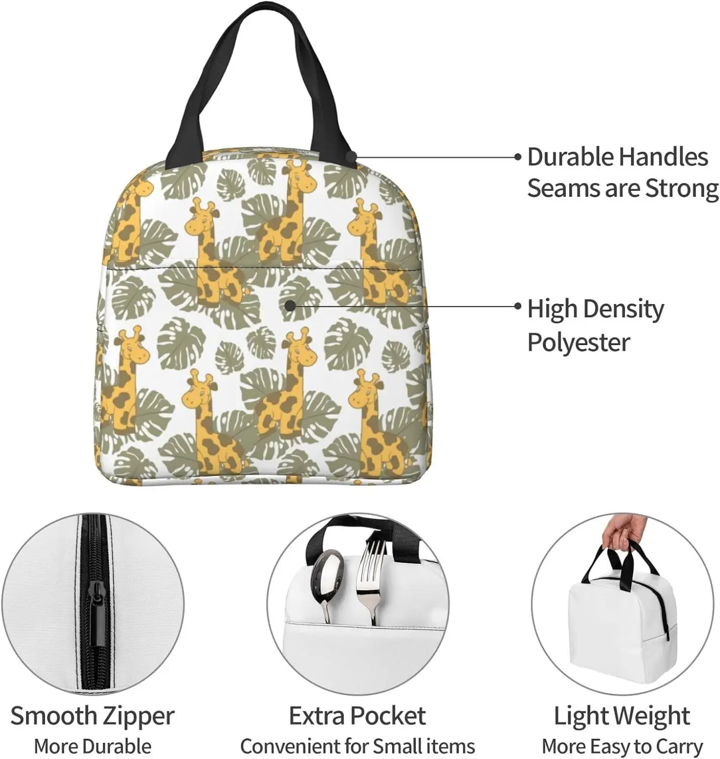 Baby Giraffes And Tropical Leaves Lunch Bag Small Insulated Lunch Box with Front Pocket Aesthetic Lunch Bags for Girls Boys Free