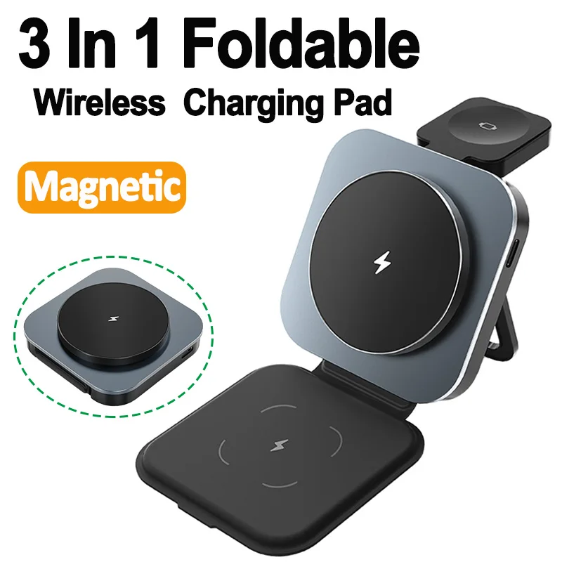 Foldable Magnetic Wireless Charger Stand Pad 3 In 1 For iPhone 15 14 13 12 Pro Max IWatch AirPods  Fast Charging Station Holder