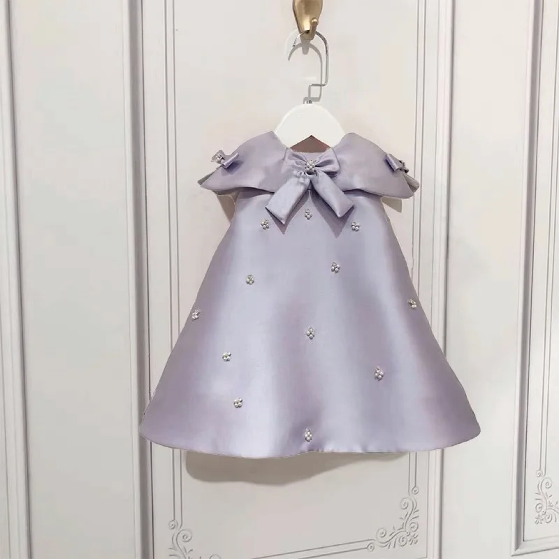 Baby Girl Princess Handmade Pearl Diamond Dress Sleeveless Child Vestido Bow Party Wedding Pageant Birthday Baby Clothes 1-14Y