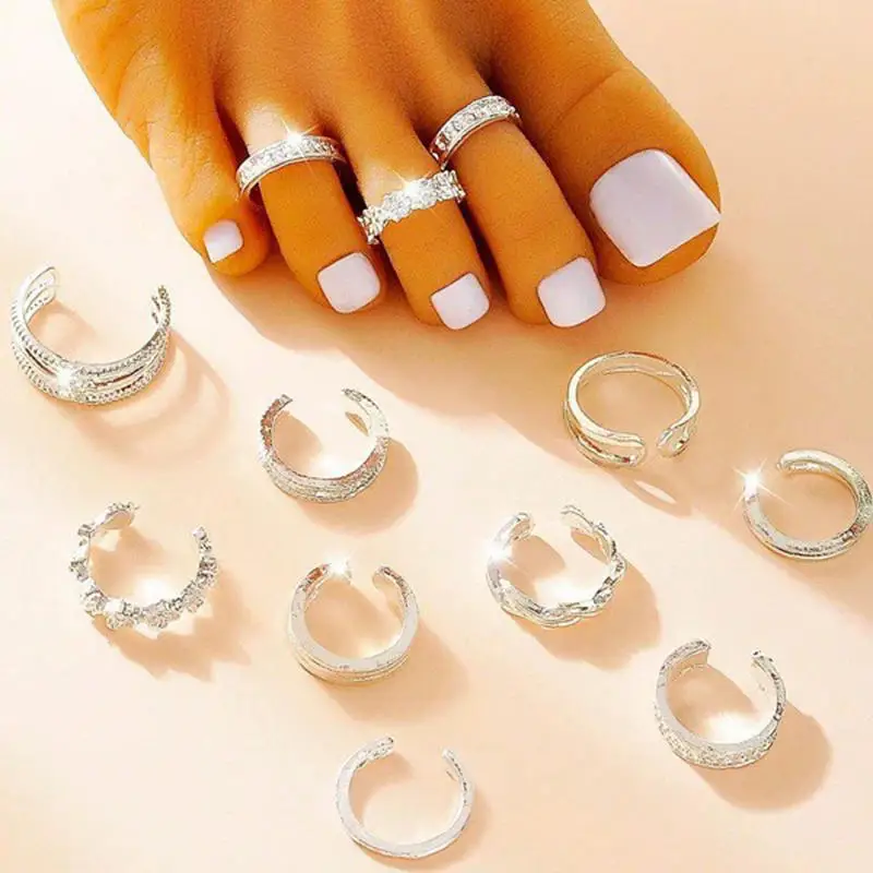 12 anillos ajustables para los dedos de los pies para mujer, juego de anillos apilables para la playa de verano, joyería para pies descalzos