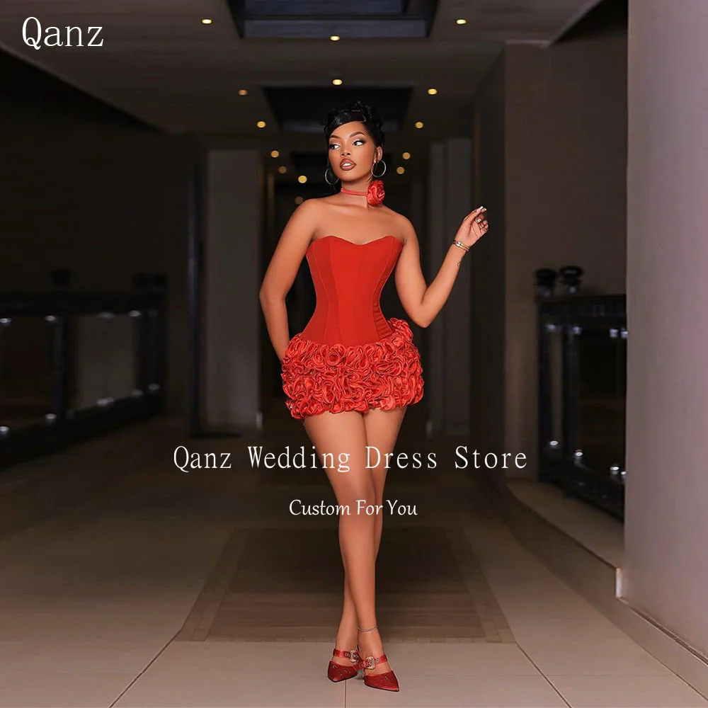 

Qanz красное платье на день рождения мини-оборки атласные мини-платья без бретелек для выпускного вечера женские сексуальные короткие платья с открытой спиной Vestidos De Fiesta по индивидуальному заказу