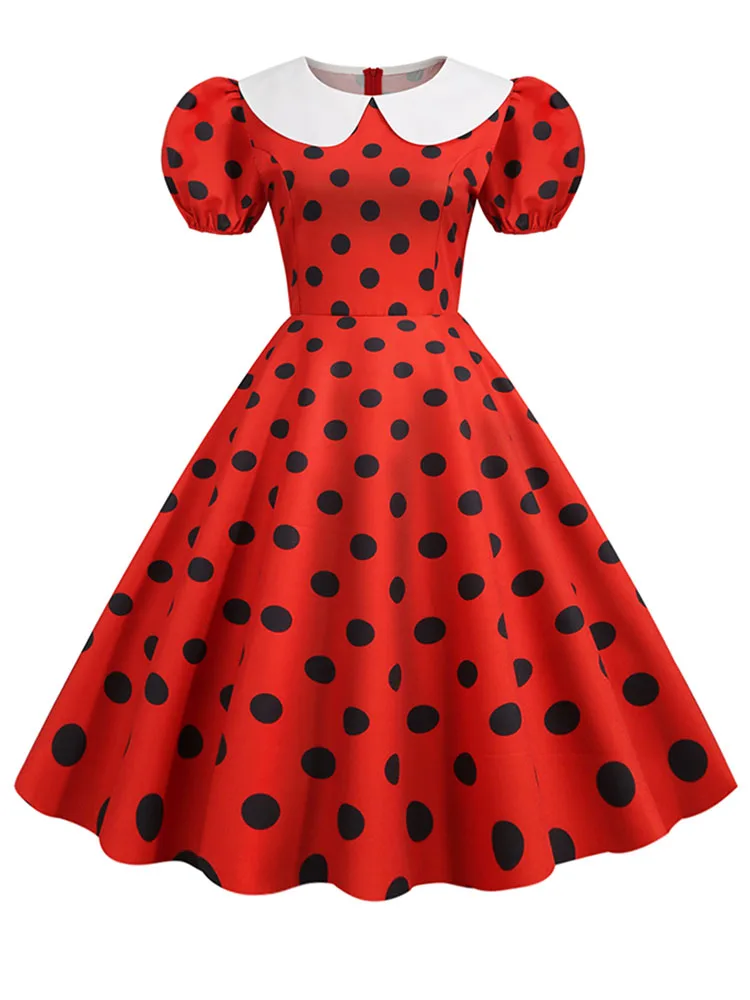 Black Polka Dot Printed Vintage Dress Women Summer Y2K Retro 50s 60s Pin Up Rockabilly Party Dress Robe Vestidos