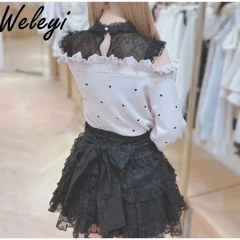 Jirai Kei Cute Lolita Skirt Womans 2024 Summer Clothing New Versatile Sweet Girl Bow Mesh Lace Tiered Ruffle A Line Cake Skirts