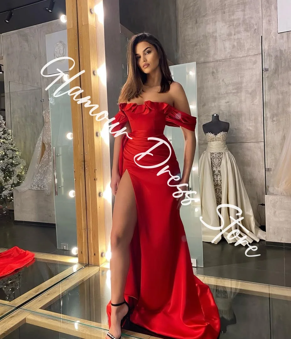 Customized Modern Satin A-Line Off The Shoulder Evening Dresses Strapless Short Sleeves Panel Train Red Celebrity Gown