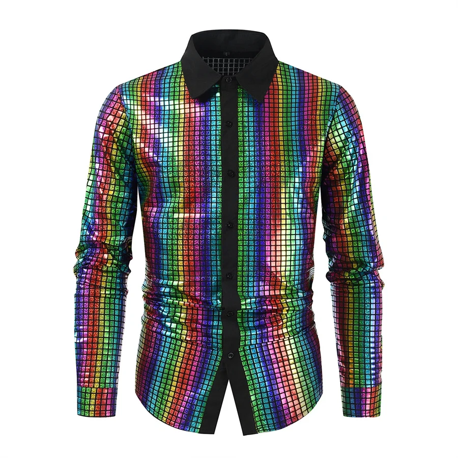 2026 New Men Sequines Checked Shirts Loose Long Sleeve Streetwear Fashion High Street Shinny Casual Shirt Hip Hop Trend Tops