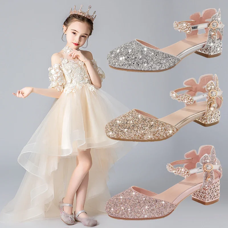 

New Girls Sandals Children Shoes Summer Crystals Princess Fashion Performance Dance High Heels Kids Baby Toodler Shoes