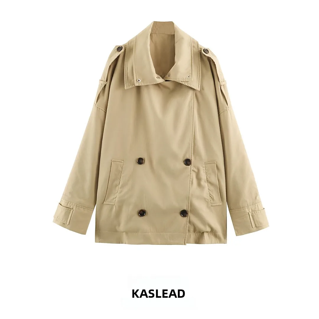 KASLEAD Women's Short Loose Fit Stand Collar Jacket Versatile Stylish Autumn Outerwear Long Sleeve Double Breasted Polyester