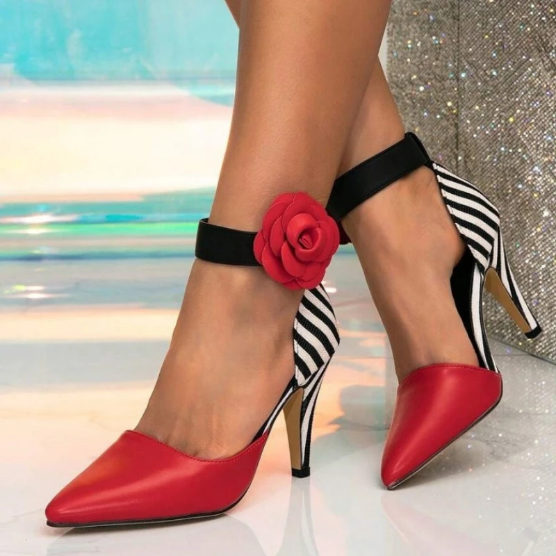 

Elegant Floral Leopard High Heels Women Fashion Pointed Toe Ankle Strap Buckle Brand Designer Shoes Sexy Banquet Dress Shoes