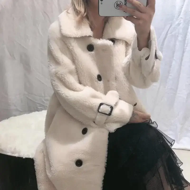 2023 New Women Faux Fur Coat Thicken Warm Long Outwear Winter Loose Fashion Korean Wool Parkas Temperament Solid Color Outcoat