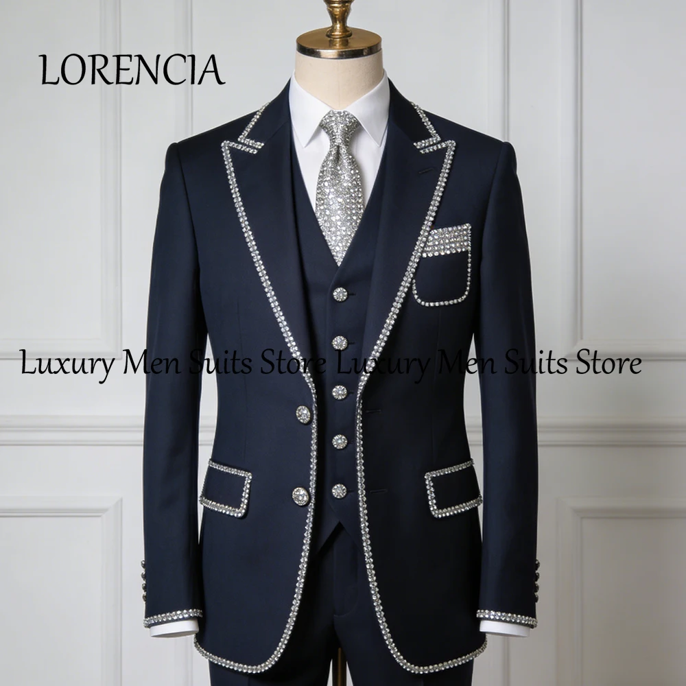 Simple Crystal Men Suits 3 Pcs Formal Tuxedos Set Wedding Groom Outfits Customized Male Blazers Pants Vest traje hombre moderno