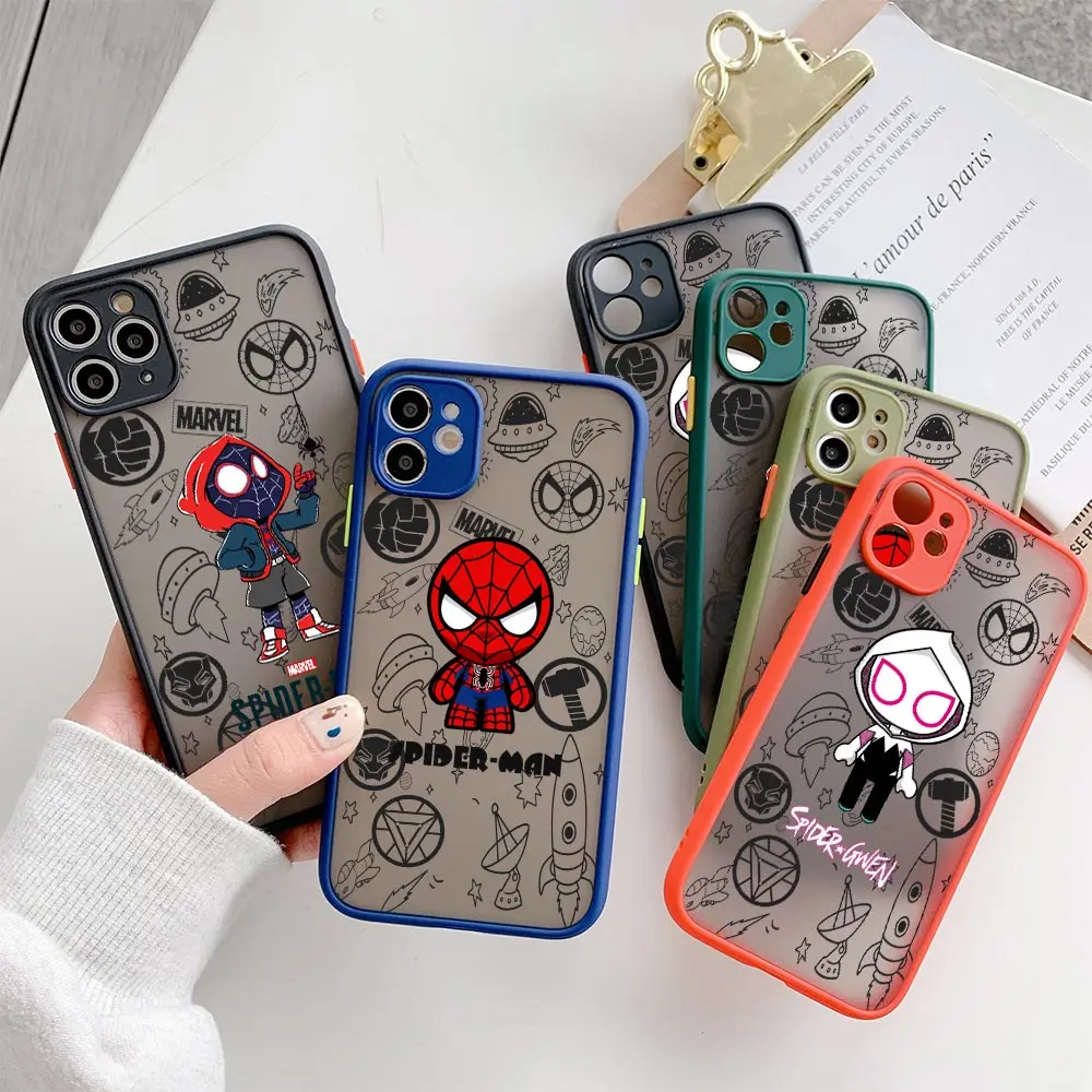 Spider man Phone Case For Apple iPhone 14 15 Plus 11 13 Pro Max 12 Mini XS XR 7 8 15 Pro Frosted Cover Spider Miles Morales Gwen