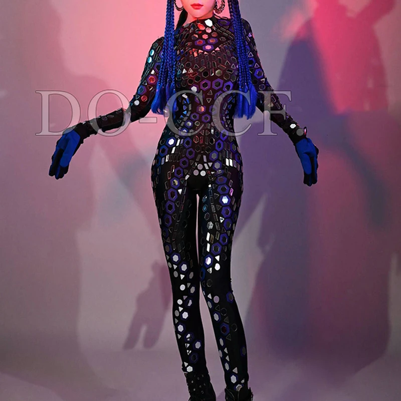 Gogo Show Performance Costume Specchio Stage Outfit Nero Blu Body Donna Festival Rave Abbigliamento Discoteca Dancewear yj004