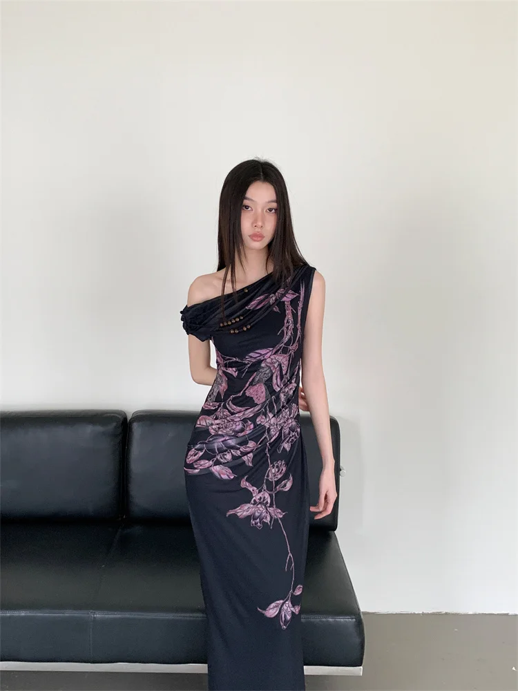 CHEERART Designer Floral Off Shoulder Maxi Dress Women 2024 Summer Black Sleeveless Long Mermaid Dress Women Elegant Party