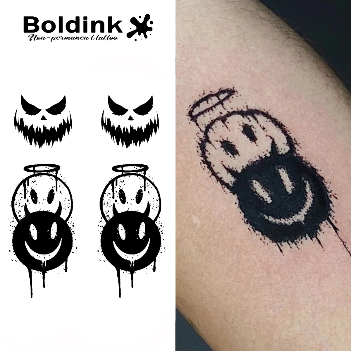 Boldink Dark Tattoo Patch - Devil Fang Fang&Fallen Angel Double Pattern Set | 1-2 Week Durable Waterproof