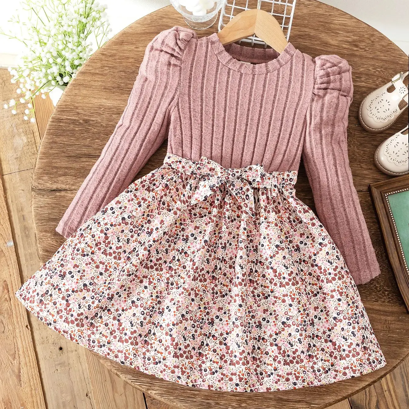 

Spring And Autumn Girls Casual Versatile Knitted Round Neck Long-Sleeved Floral Dress Children's Clothing Daily Wear Dress