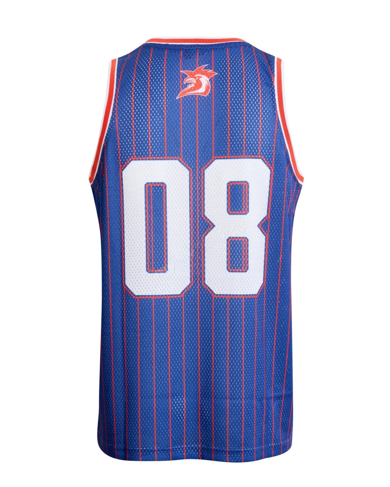 Men Women Kids NRL Roosters 08# Retro Basketball Singlet Blue Sleeveless Jersey Vintage Pinstripe Training Fan Sports Tank Top