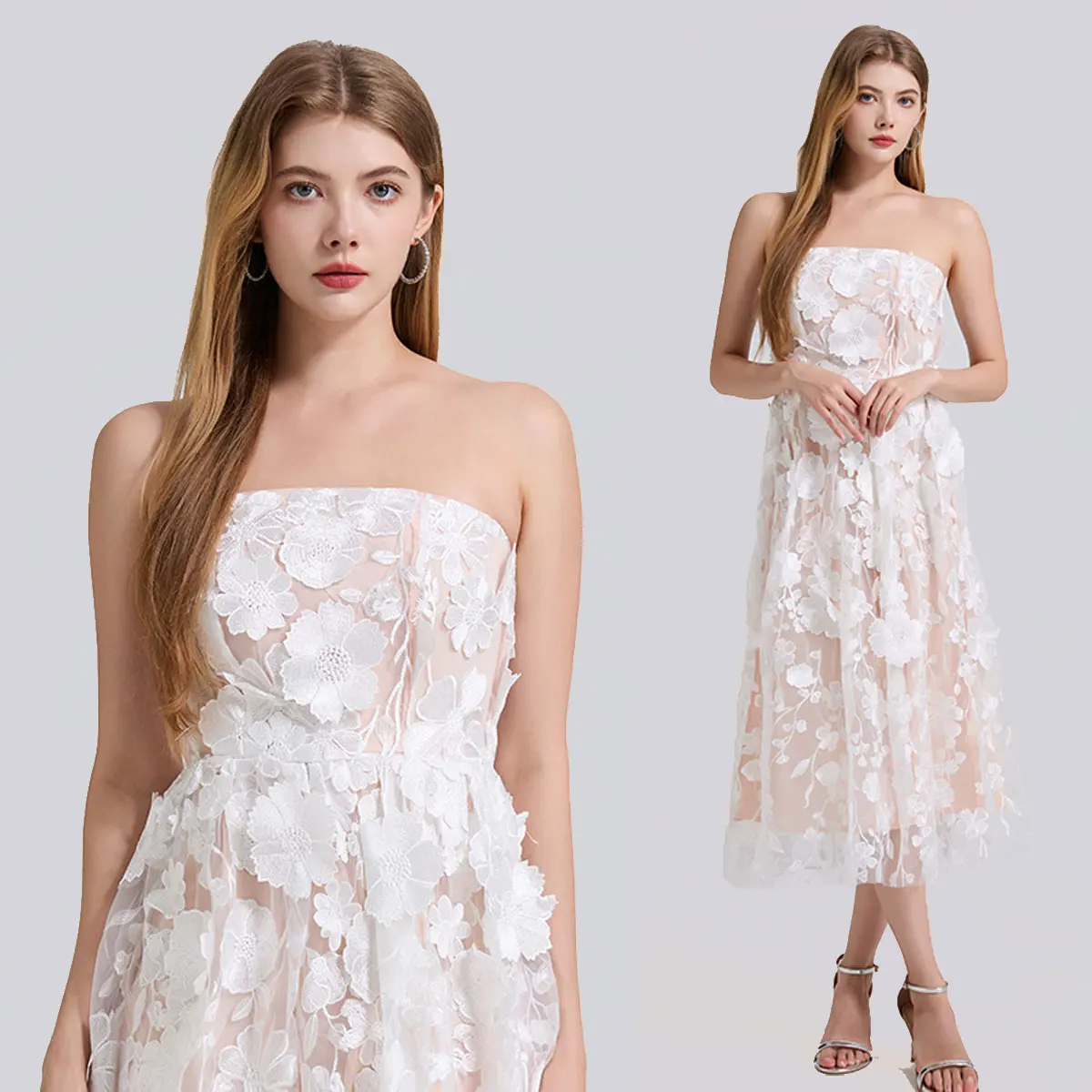 

Embroidered three-dimensional summer elegant and sexy strapless dress can be added with transparent shoulder straps
