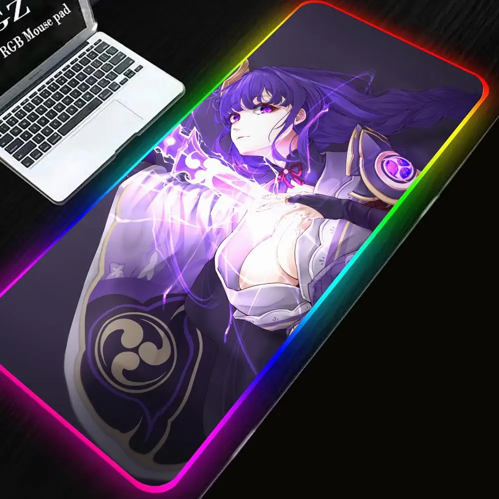 

Hot selling Genshin Impact Raiden Shogun MousePad RGB Gamingpad Mat Large Keyboard Mat LED Light Desk Pad ForComputer Laptop Pad