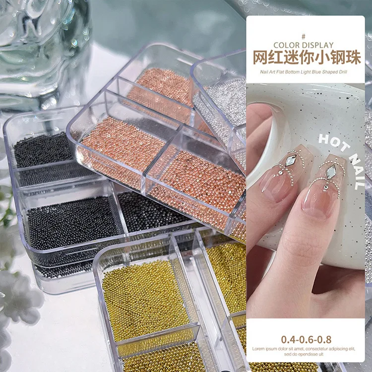 6 Grids Mix Sizes Tiny Micro Steel Ball Cavairs Beads Nail Art Rhinestones Decorations Gold Silver Metal Manicure DIY Materials