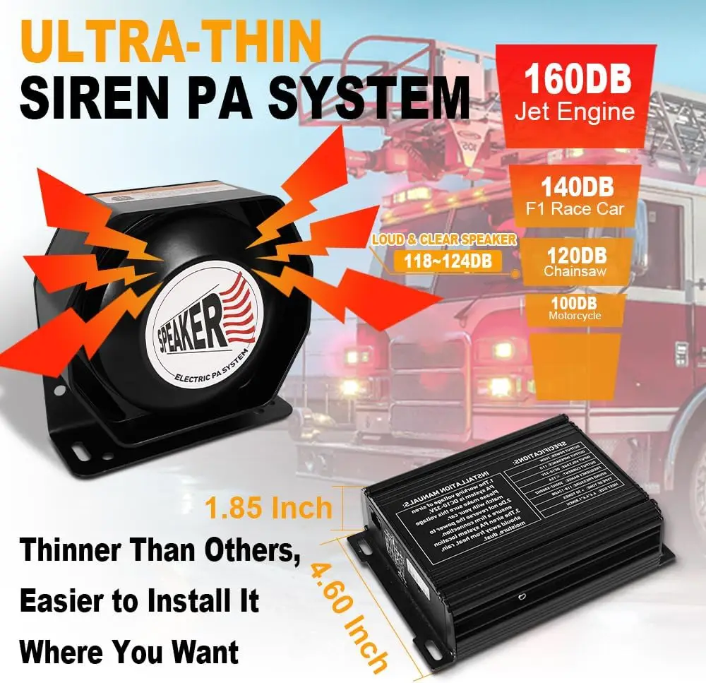 Car Amplifier Siren 200W Multi-Tones PA System Slim Speaker Sirens for Tow Truck Car Vehicles Pickup UTV ATV POV RV