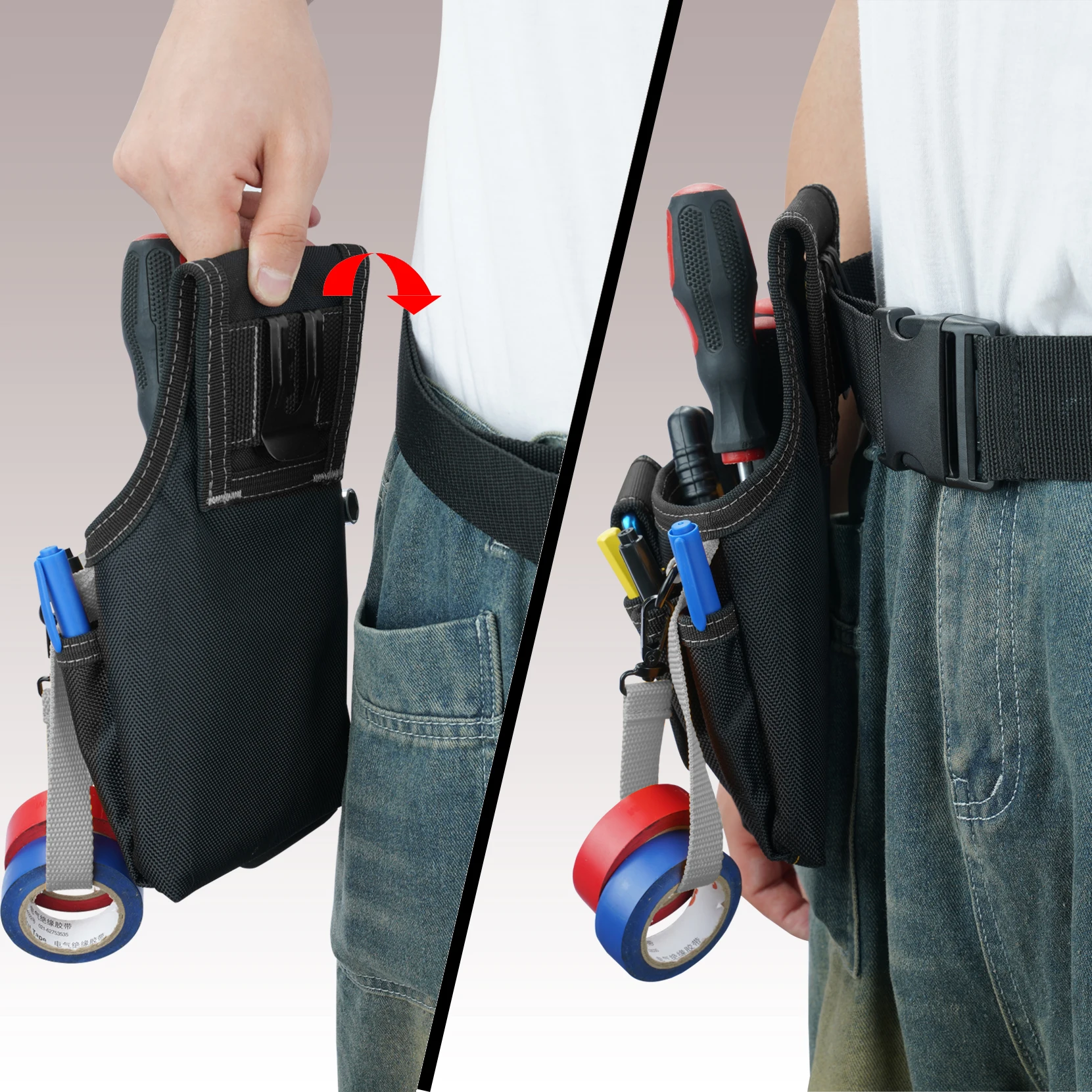 حقيبة أدوات صغيرة مع مشبك حزام، حقيبة حزام أدوات الجيب، مشبك كهربائي على حقيبة الأدوات، منظم أدوات متعدد الجيوب #6