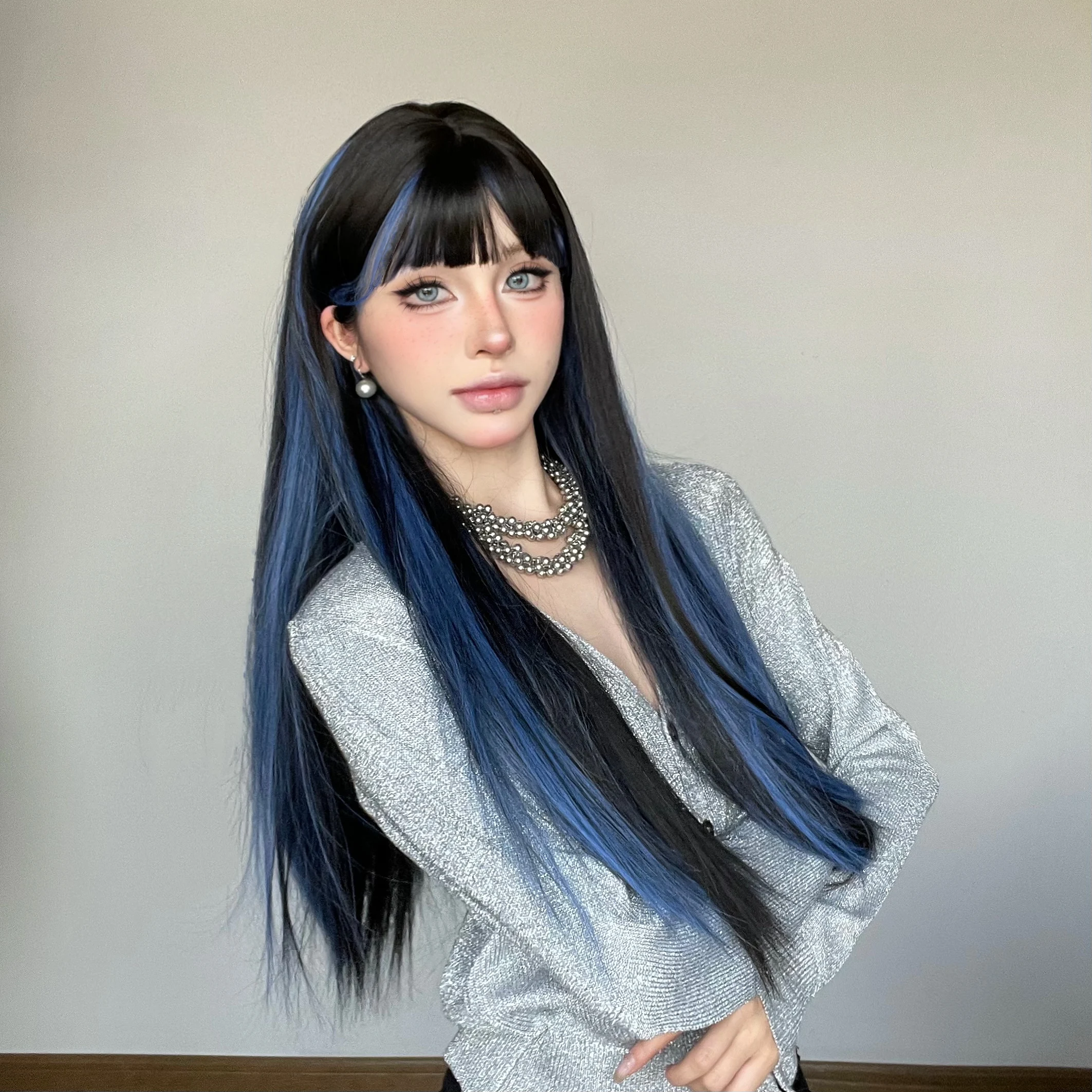 Long Straight Black Mixed Blue Synthetic Wigs with Bangs for Women Blue Black Colorful Cosplay Natural Hair Wigs Heat Resistant