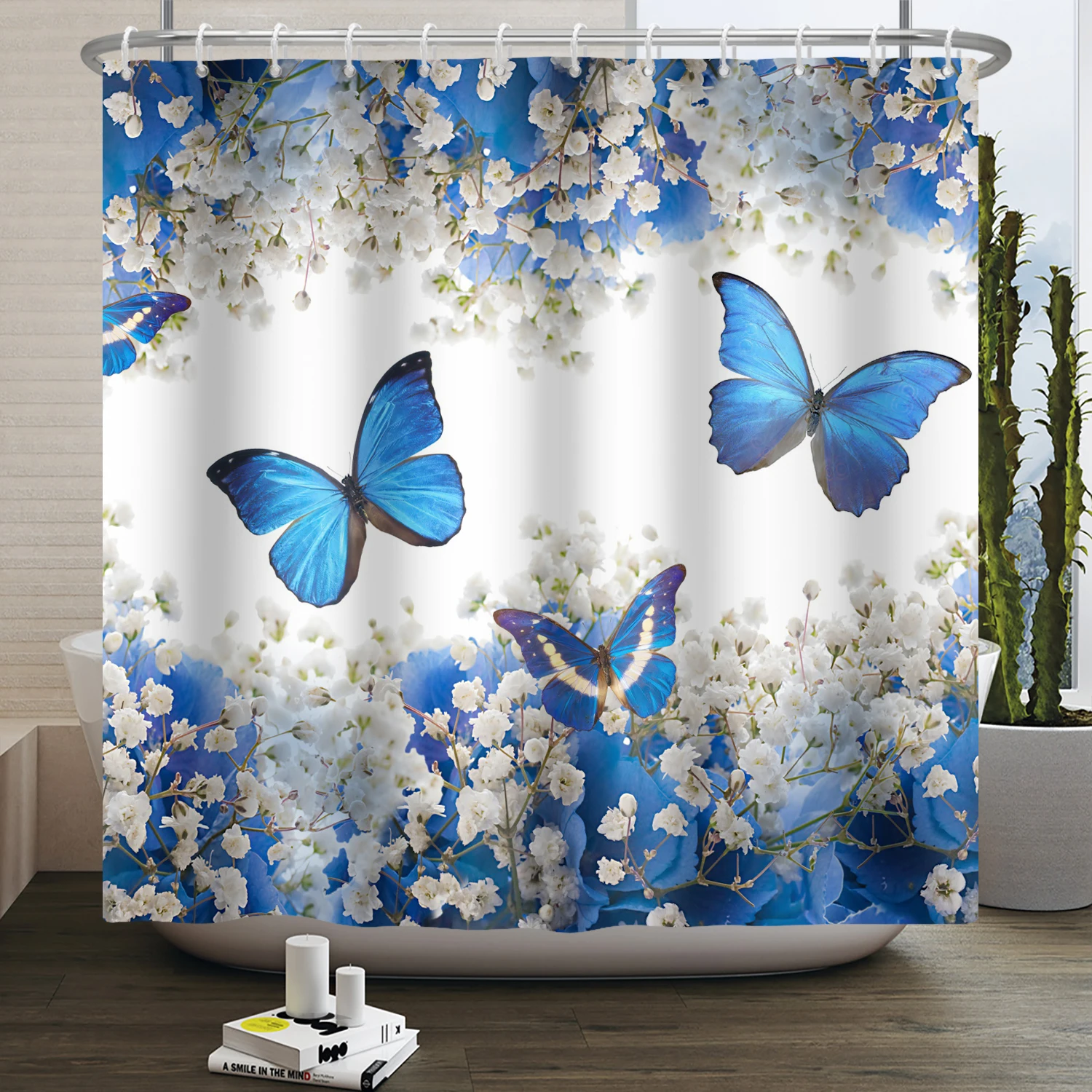 Butterfly Shower Curtain for Bathroom Spring Blue Flower Watercolor Floral Butterfly Girl Shower Curtain Waterproof Bath Curtain