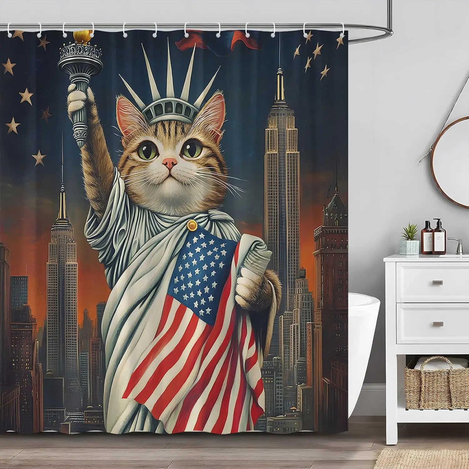 Independence Day Shower Curtain Funny Cat 4th of July American Flag Red Blue Stars and Stripes Patriots USA Cities at Night
