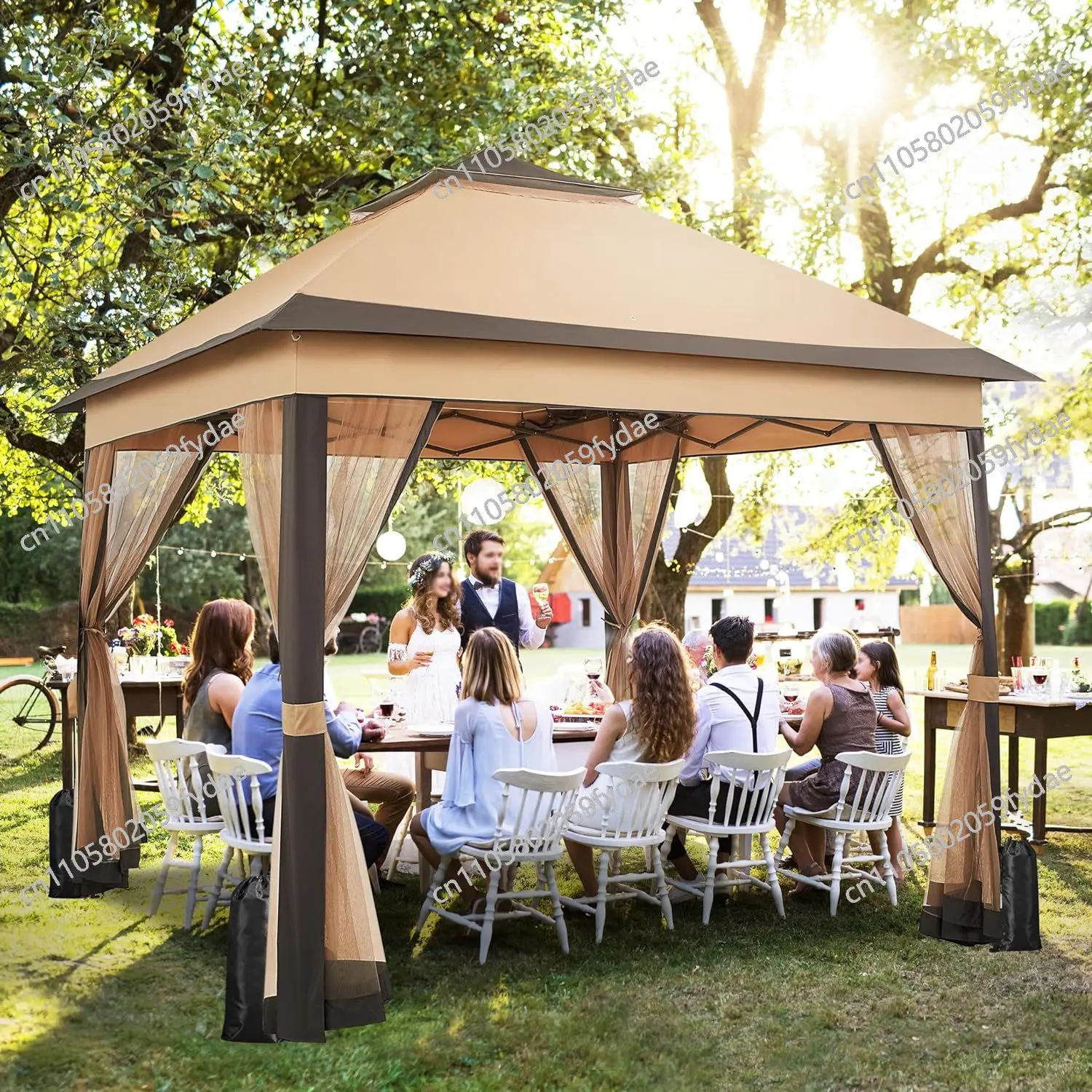 3.3x3.3m Outdoor Gazebo Canopy with 4 Detachable Mosquito Nets, UV and Rainproof Gazebo Patio Pop Up with Double Eaves Folding