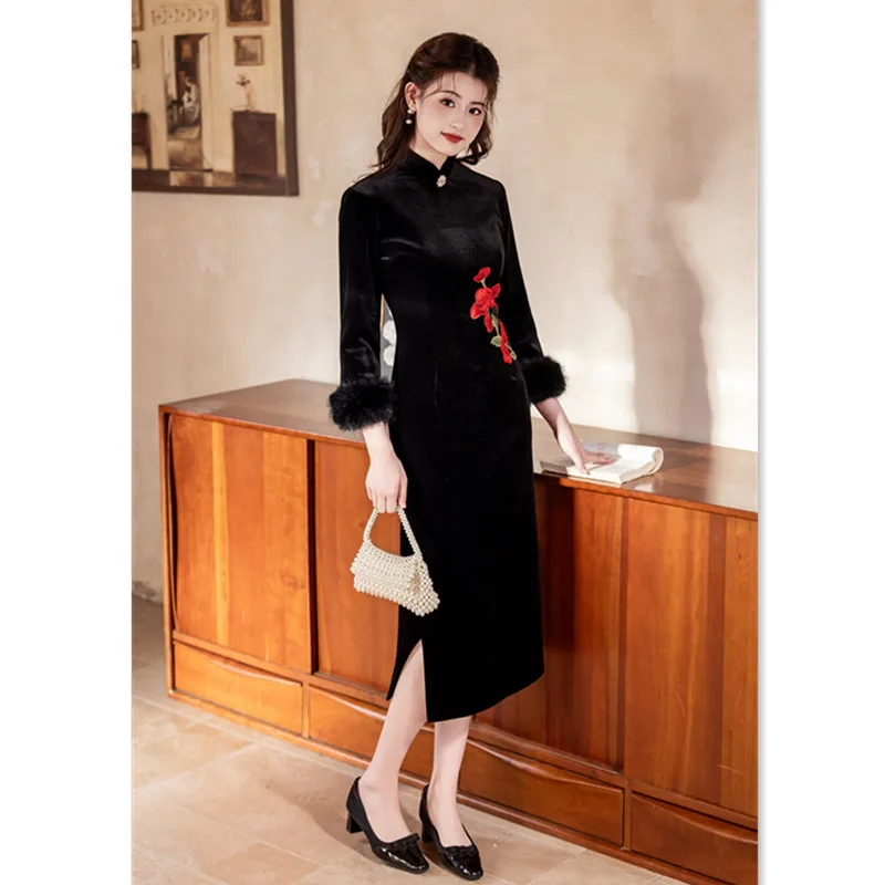 

Yourqipao улучшение новое бархатное утепленное платье Cheongsam с длинными рукавами в китайском стиле 2025, зимнее вечернее платье Qipao с перьями