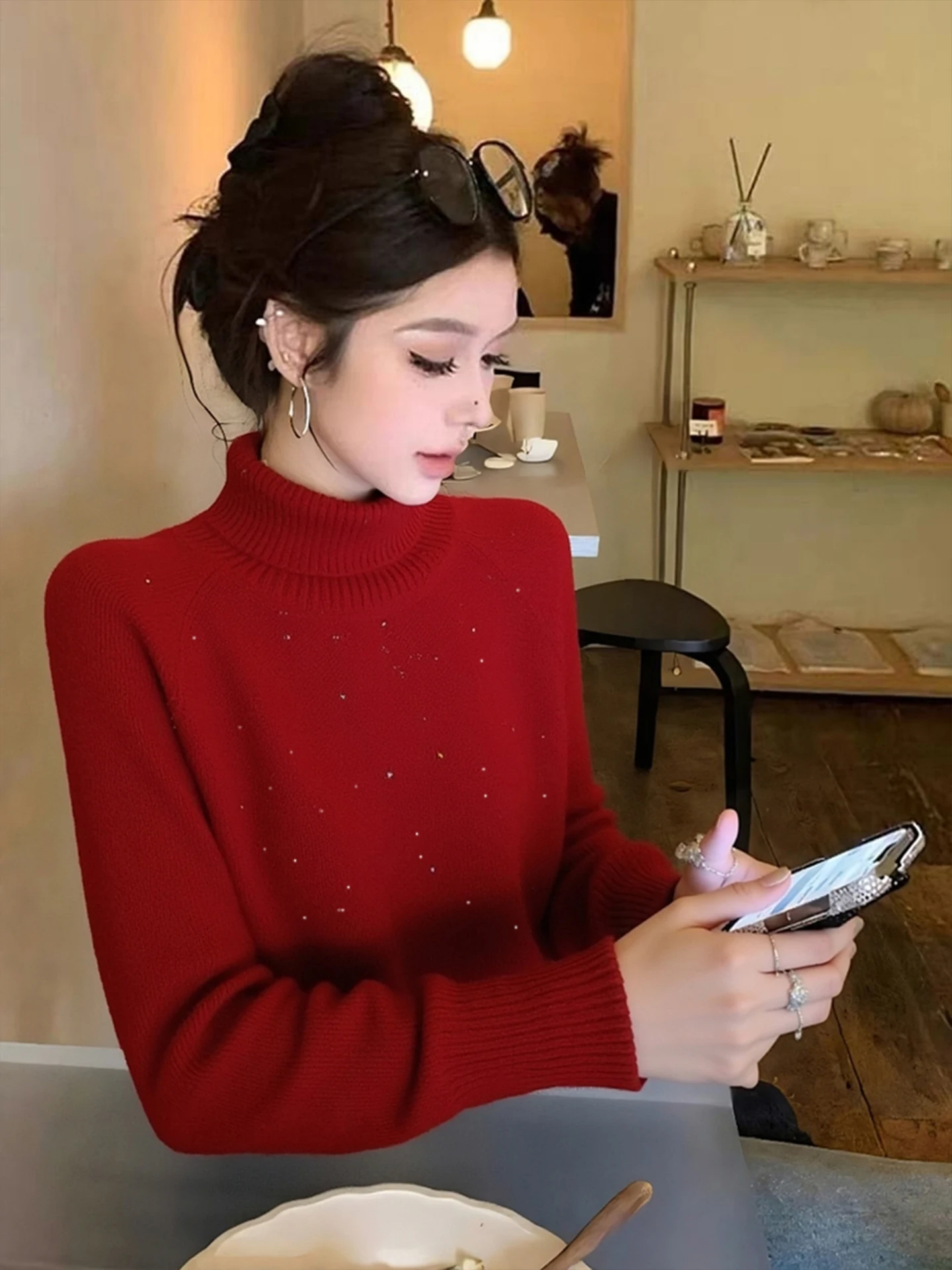 Cherry Red Camere Knitwear High Collar Long Sve Faionable Versatile Winter 2025 Inner Wear Korean Sle Loose Fit