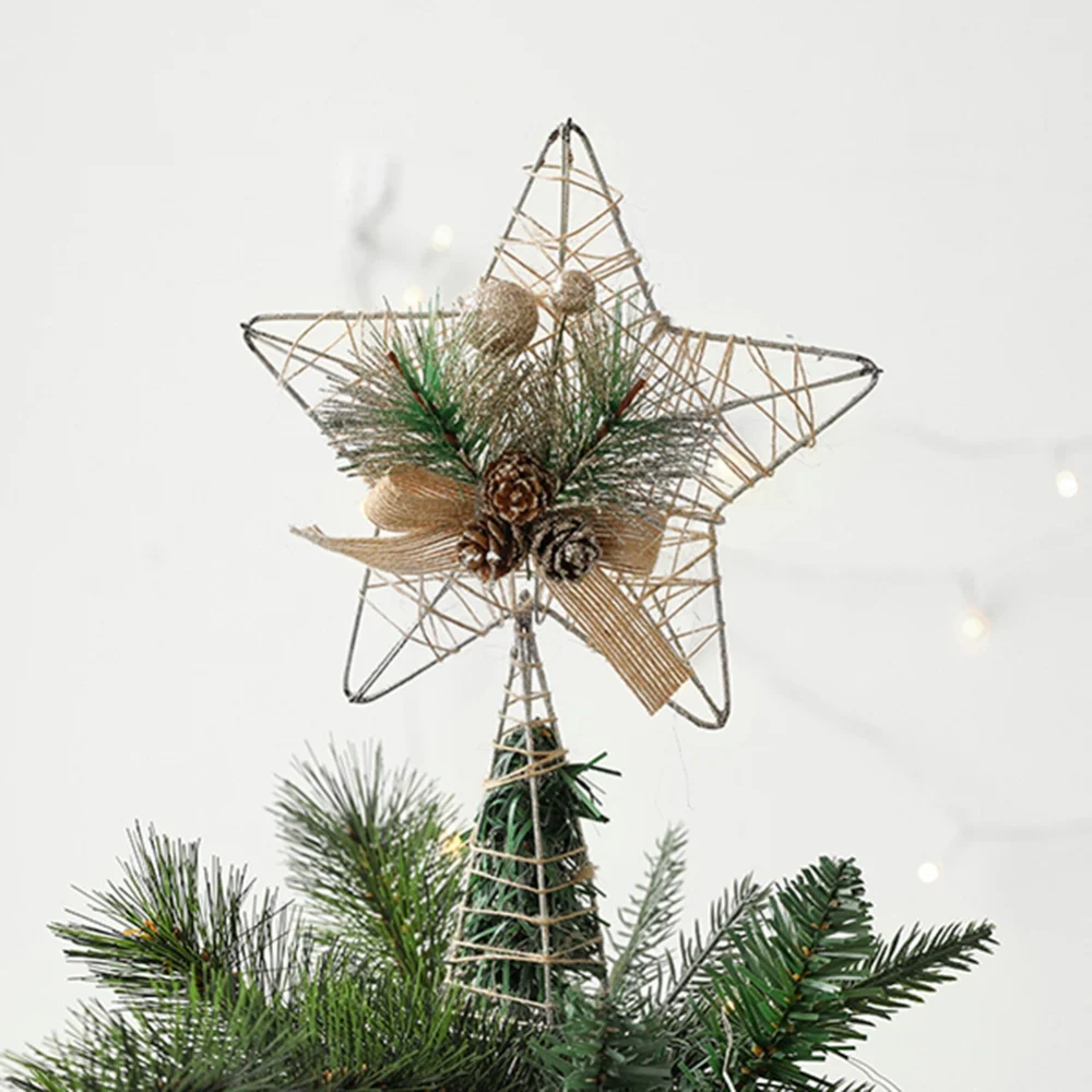 3D Iron Glitter Star Christmas Tree Top Ornaments Five-pointed Star Pine Cone Flower Xmas Tree Topper Christmas Party Decoration