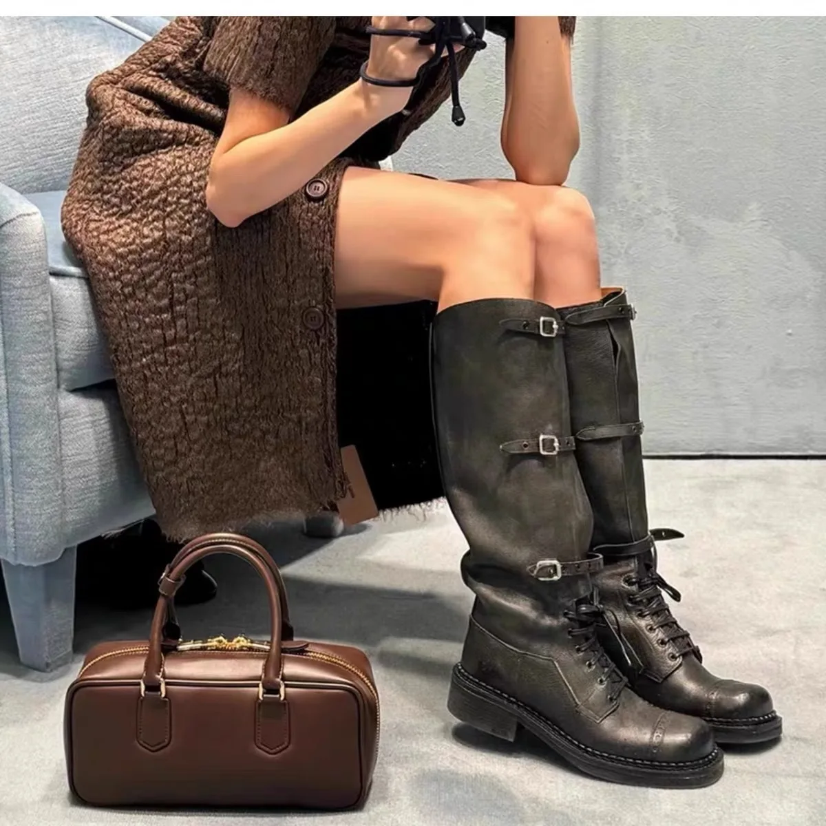 Winter Women Biker Boots Fashion Belt Buckle Ladies Elegant Platform Long Pipe Booties Casual Women's Knee High Booties