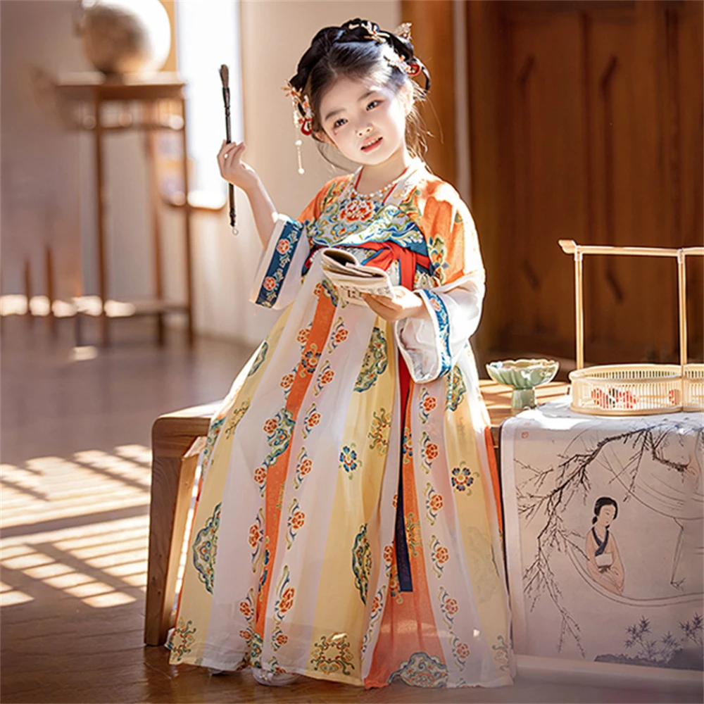 Spring Autumn Chinese Traditional Embroidery Dress Girl Hanfu Folk Tang Suit Fairy Performance Costume Children Vintage Clothing