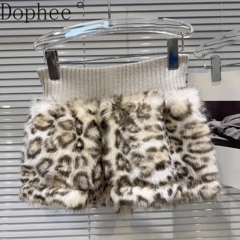 Autumn Winter Colorblock Faux Fur Leopard Fluffy Shorts Women All-match Knitted Elastic Waist Streetwear Straight Boots Shorts