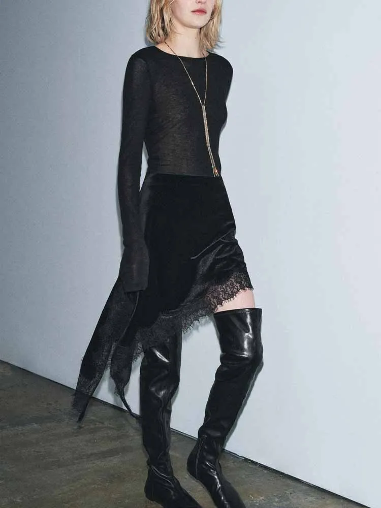 

European and American style winter new arrival women's clothing, versatile asymmetrical lace faux velvet midi skirt