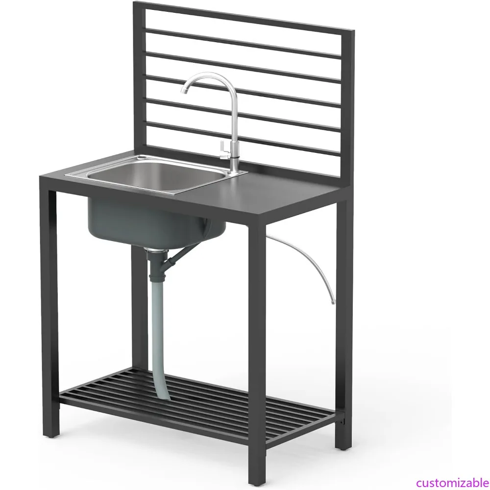

Aluminum Outdoor Kitchen Island with Stainless Steel Sink, Faucet, and Drainboard Storage